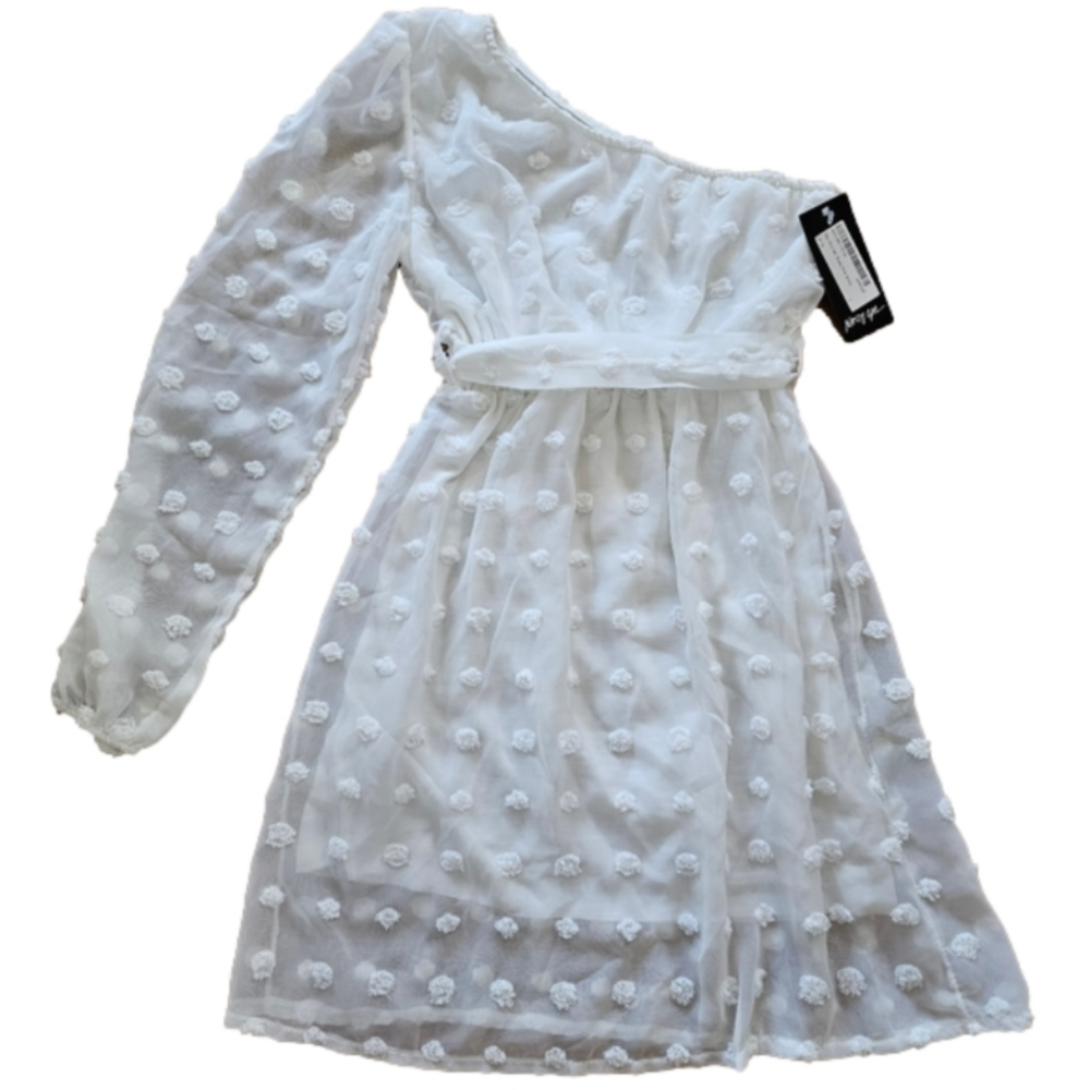 NWT Nasty Gal One Sleeve Off Shoulder Pom Detail Belted Chiffon Dress-Size Small